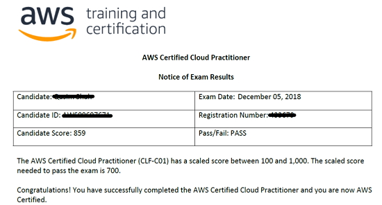 AWS cloud practitioner certification exam result