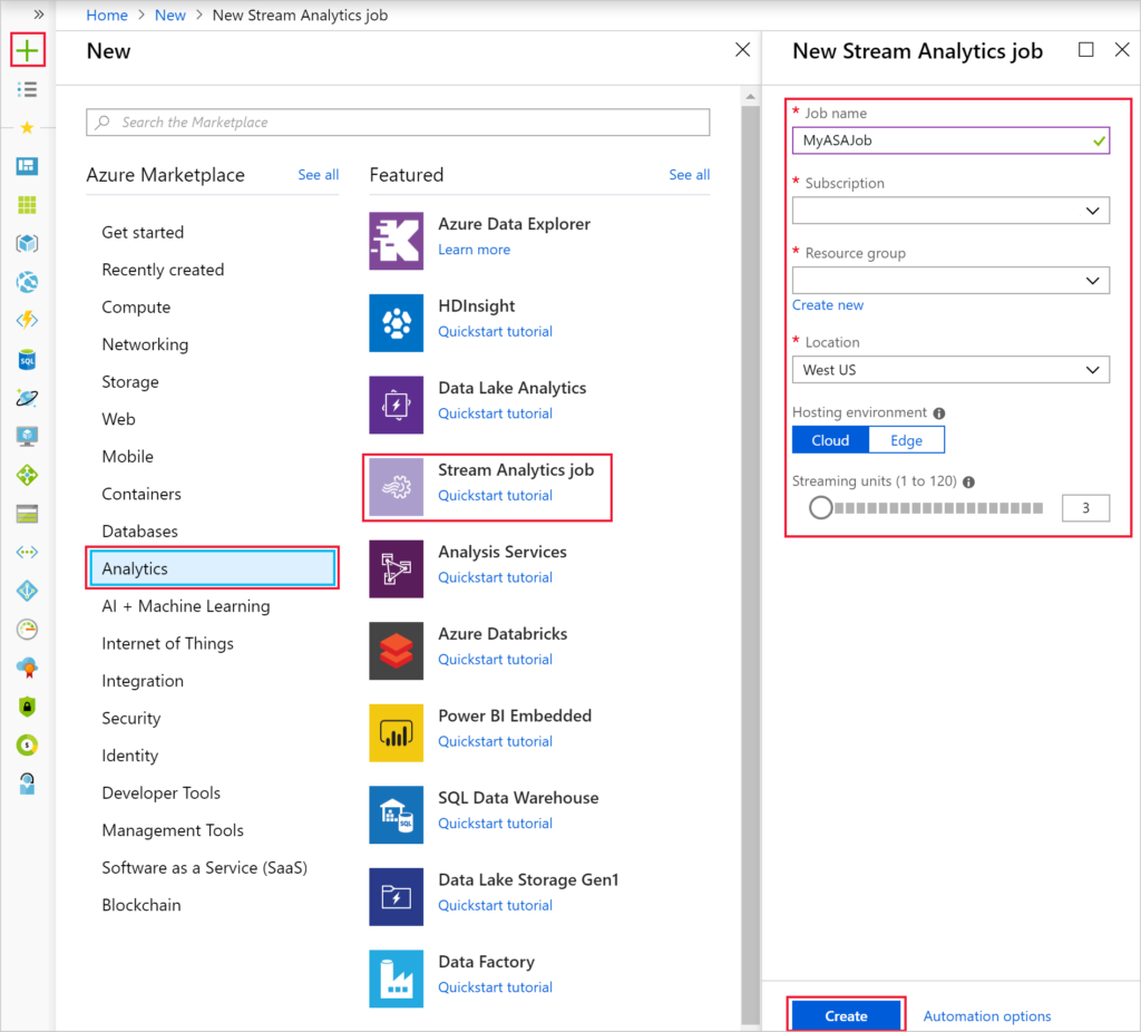 Azure analytics job creation