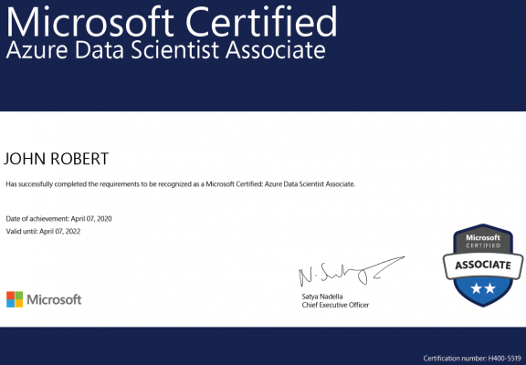Microsoft DP-100 Sample Certificate