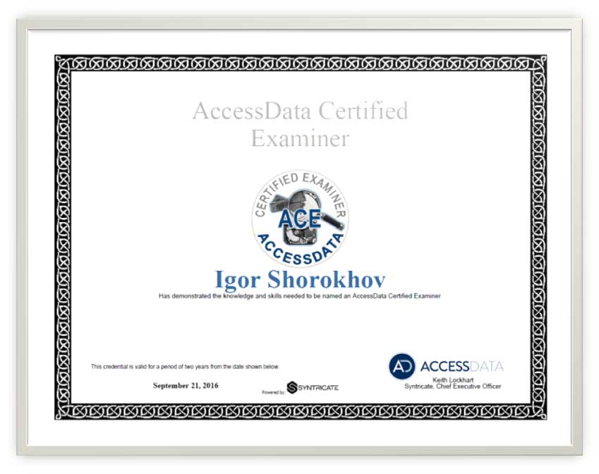 AccessData Certified Examiner (ACE) Sample Certificate