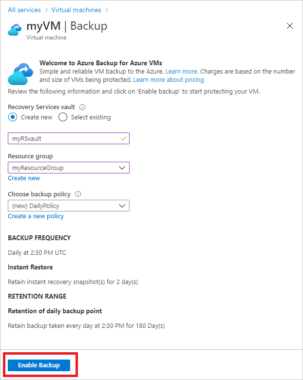 Learn to Back up an Azure VM from the VM settings